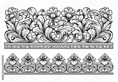 Detailed black and white vector illustration of ornate floral and leaf decorative borders with intricate scrollwork, classical design elements.