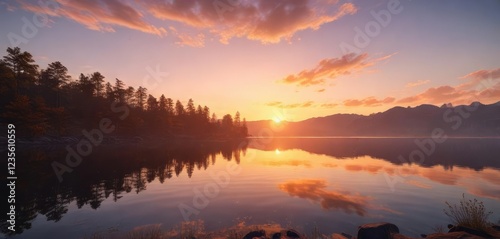 A warm orange glow on the blue sky as the sun rises over a peaceful lake, blue sky, natural beauty, serene atmosphere