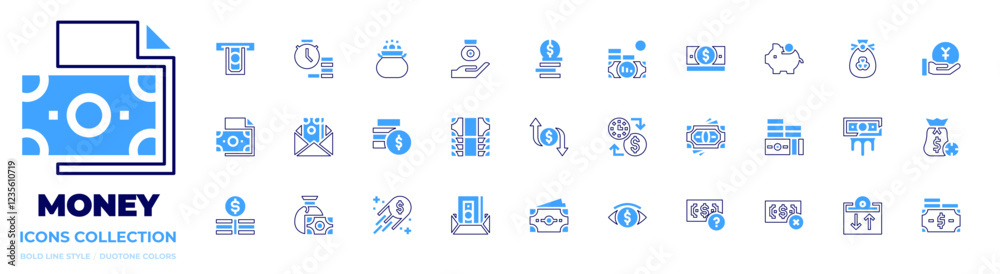 Money icon collection. Bold line style. Duotone colors. money, money bag, no money, time is money, dirty money Money icon collection. Bold line style. Duotone colors. money, money bag, no money, time is money, dirty money