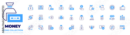 Money icon collection. Bold line style. Duotone colors. price up, money, finance, money bag, money management, coin, transaction, money icons, money exchange, money flow