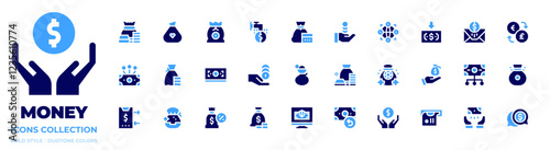 Money icon collection. Bold style. Duotone colors. money bag, money loss, save money, money, money flow, get money, money exchange, digital money