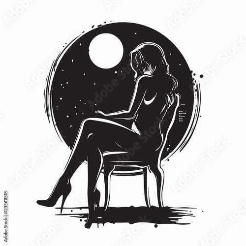 Woman Sitting on a Chair at Night, Enjoying the Beauty of Nature image vector