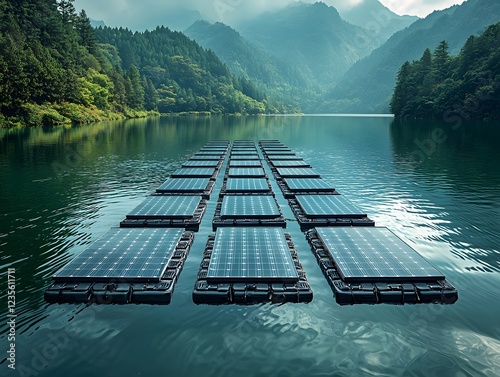 Floating Solar Panel Installation on Serene Water Surface with Lush Mountains and Misty Sky in Background, Showcasing Renewable Energy and Nature's Beauty photo