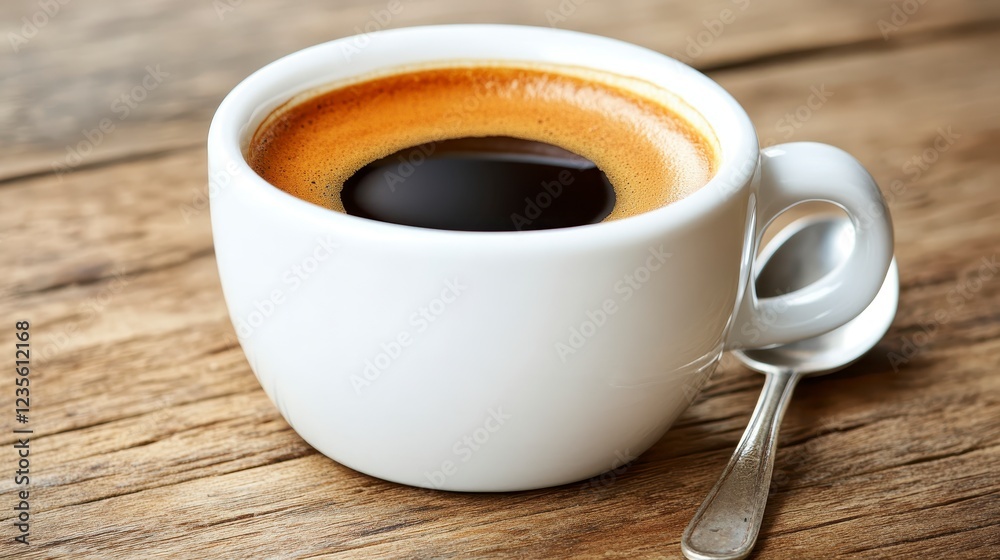 Close up view of a cup of dark espresso coffee on a rustic wooden surface, accompanied by a small spoon Close up view of a cup of dark espresso coffee on a rustic wooden surface, accompanied by a small spoon
