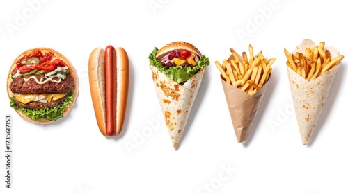 Fast food variety burger, hotdog, wrap, fries.  Food photography for menus photo