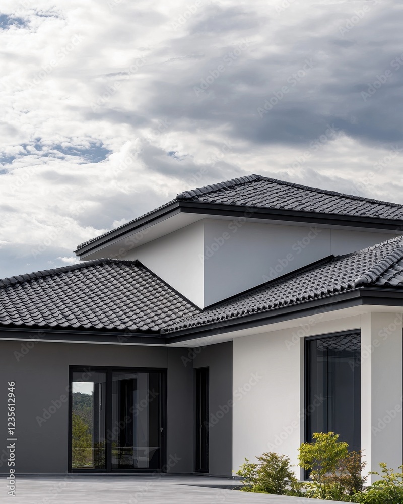 Modern architectural design showcases contrasting materials and clean lines under a cloudy sky. Modern architectural design showcases contrasting materials and clean lines under a cloudy sky.