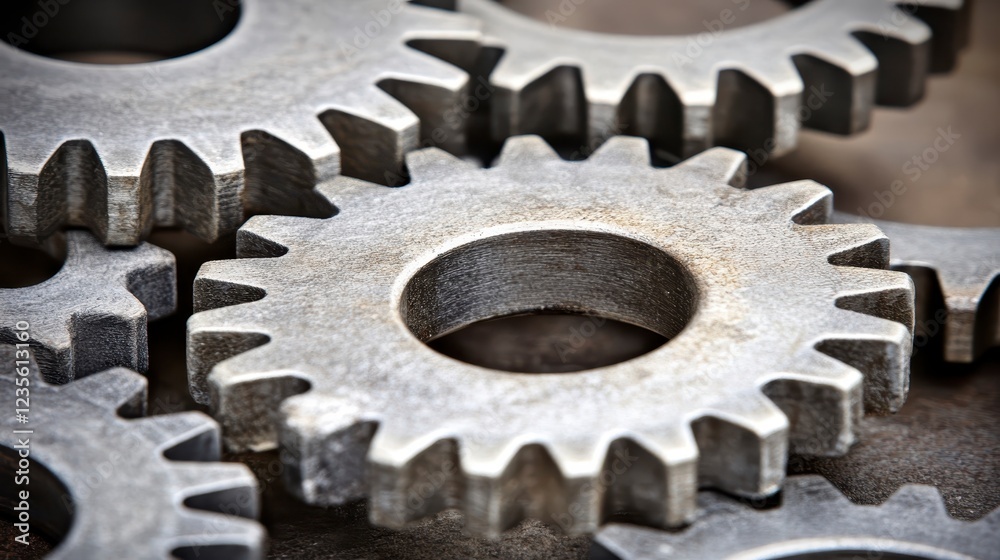 Close up view of several metallic gears interlocking, showcasing intricate details and a gritty texture. The color palette is primarily gray and dark Close up view of several metallic gears interlocking, showcasing intricate details and a gritty texture. The color palette is primarily gray and dark