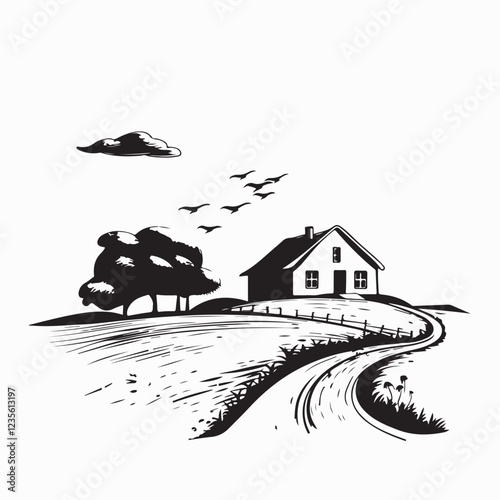 Rustic Farm Landscape Hand-Drawn Illustration vector isolated on white background.