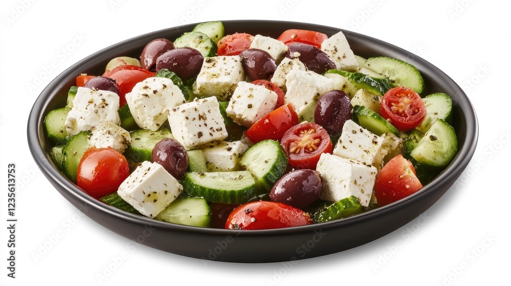 A fresh Mediterranean salad with feta cheese, olives, cucumbers, and tomatoes, styled with a minimalistic approach. A fresh Mediterranean salad with feta cheese, olives, cucumbers, and tomatoes, styled with a minimalistic approach.