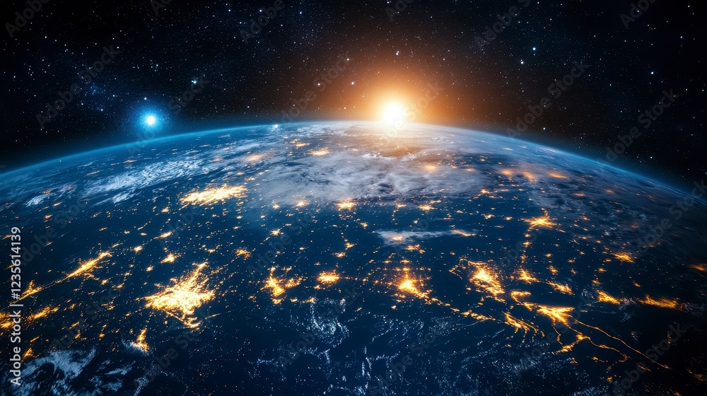Obraz premium Stunning view of Earth from space at sunrise, showcasing city lights and a bright sun. Dark space background with stars and planets. Detailed