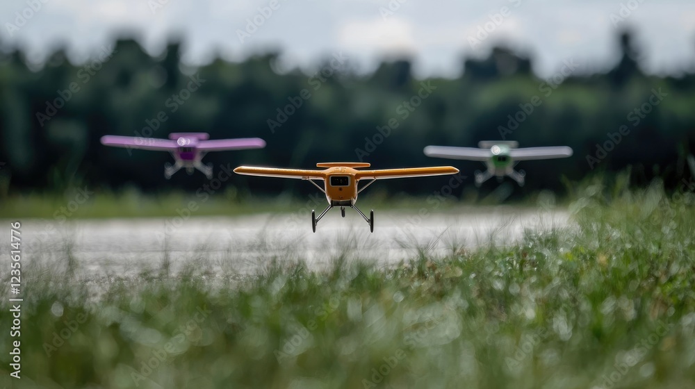 Three model airplanes flying low over grass airfield Three model airplanes flying low over grass airfield