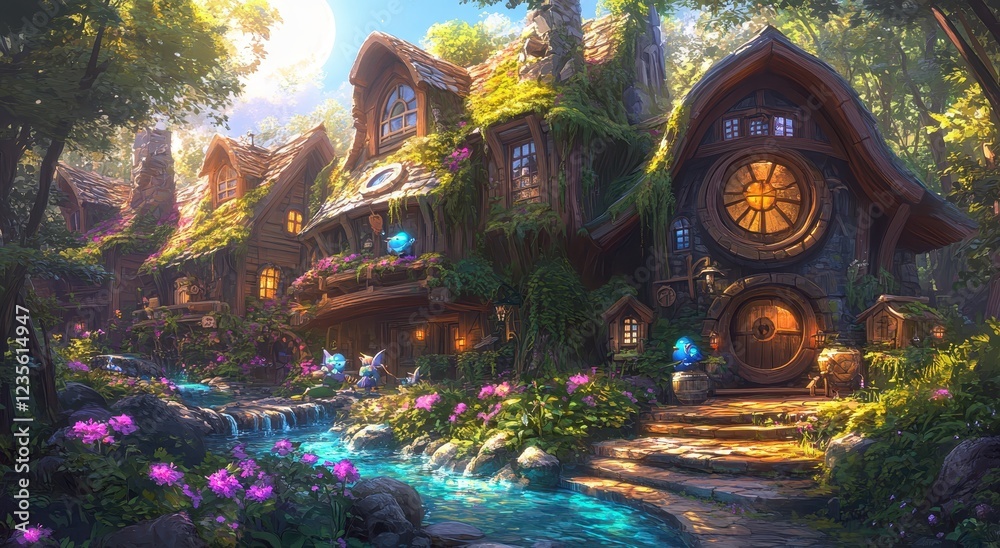Enchanted forest house with a whimsical clock, vibrant flowers, and a flowing stream. Pixel art style, warm sunlight, lush greenery, magical Enchanted forest house with a whimsical clock, vibrant flowers, and a flowing stream. Pixel art style, warm sunlight, lush greenery, magical