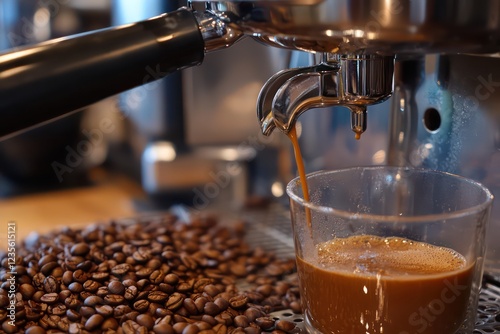 Coffee being poured into a French press, with a coffee machine and scattered beans in the background. photo