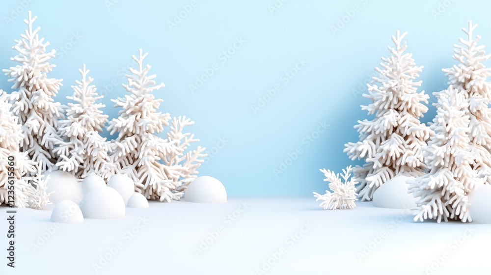 Fototapeta premium Snow covered pine trees stand in a minimalist winter landscape with a light blue background.