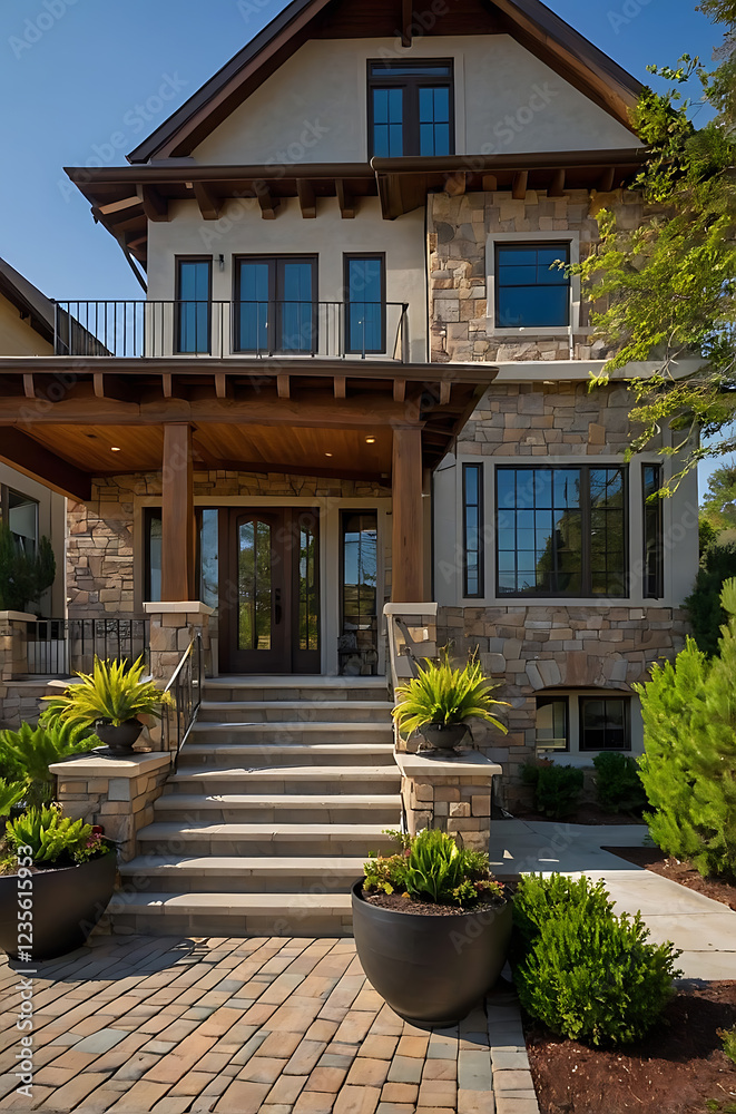 Obraz premium Luxury Stone House Exterior: Modern Architecture, Landscaping, and Design