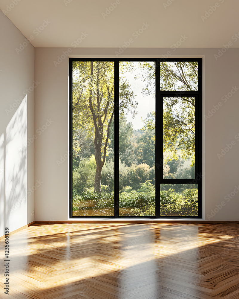Obraz premium Empty Room Interior with Large Window and Herringbone Flooring