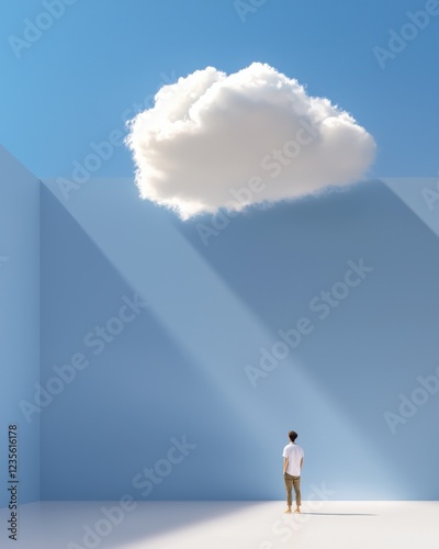 A person stands in a minimalist space, gazing at a single cloud against a blue sky, evoking feelings of solitude and contemplation.
