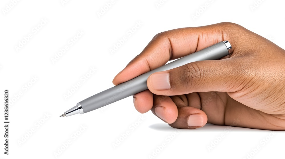Hand Holding a Silver Pen on a White Background for Writing Hand Holding a Silver Pen on a White Background for Writing