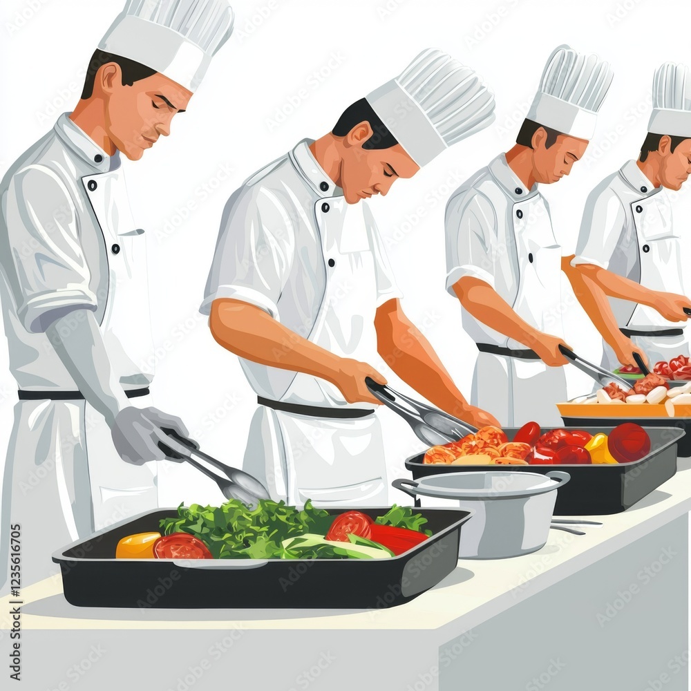 Professional chefs preparing gourmet dishes in a modern kitchen environment with colorful ingredients and kitchen tools Professional chefs preparing gourmet dishes in a modern kitchen environment with colorful ingredients and kitchen tools