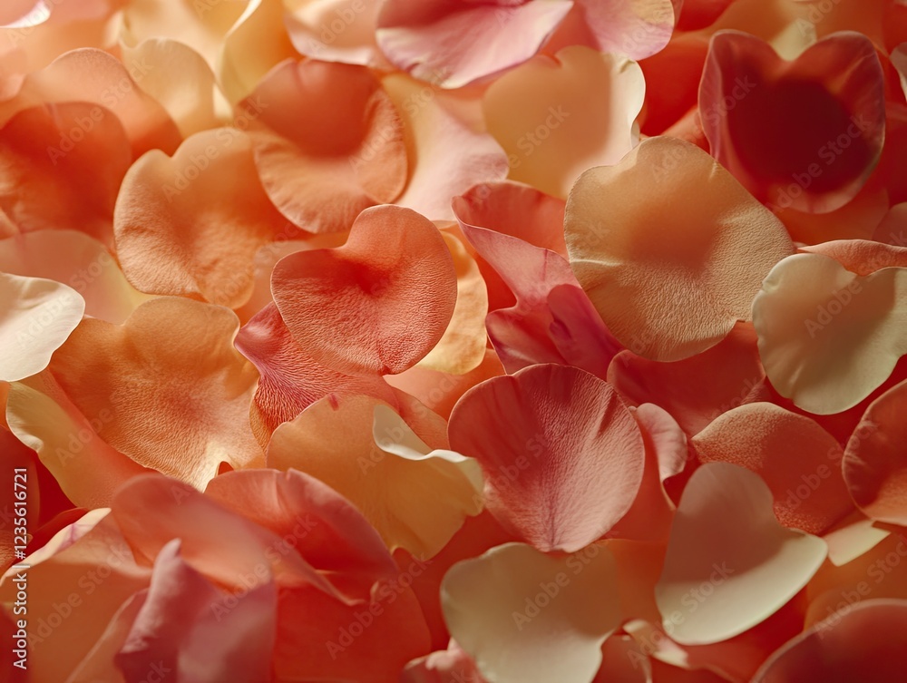 Fototapeta premium Close-up of scattered peach and orange rose petals.