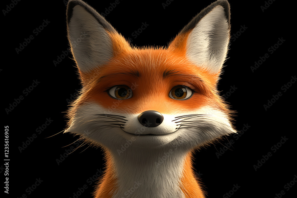 Fototapeta premium fox on a black background, fox on a blank black background, a fox, fox, cute fox, black background, Copy Space For Add Text 3D Rendering, 3D, Vector, AI Generative