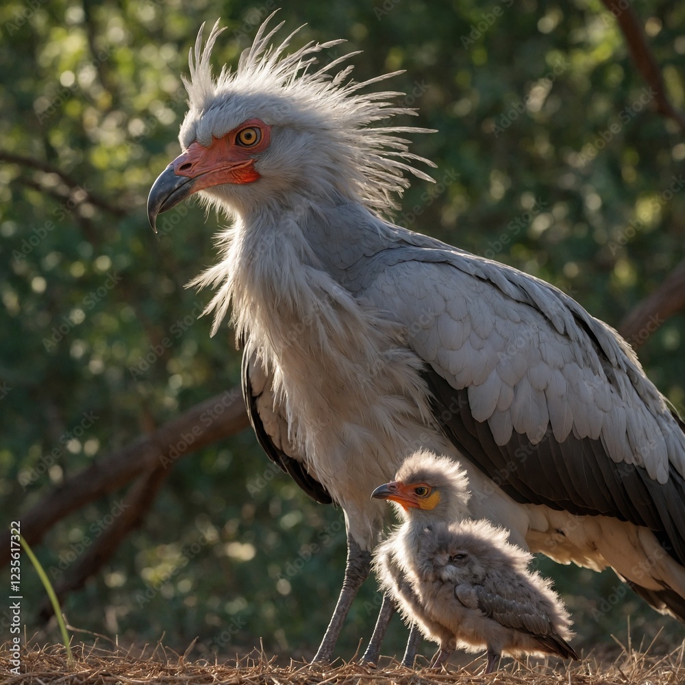 A secretary bird with its chick watching curiously. A secretary bird with its chick watching curiously.