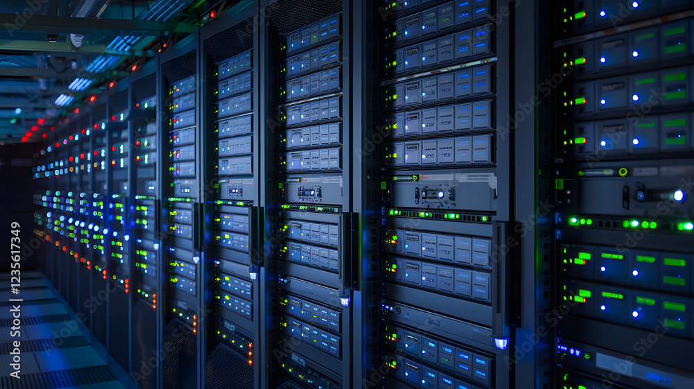 Server Room Enigma: Rows of powerful servers hum in a dimly lit data center, their blinking lights creating a mesmerizing digital landscape.