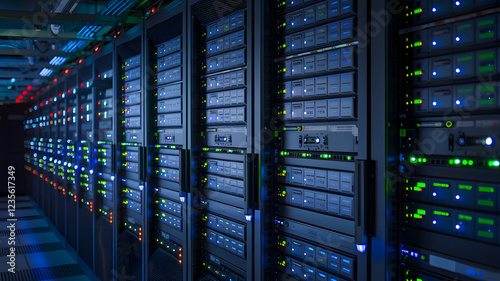 Server Room Enigma: Rows of powerful servers hum in a dimly lit data center, their blinking lights creating a mesmerizing digital landscape. photo