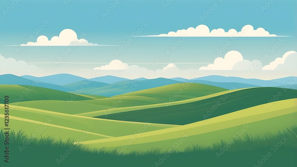 A minimalist vector depiction of rolling green hills under a pastel blue sky. A minimalist vector depiction of rolling green hills under a pastel blue sky.