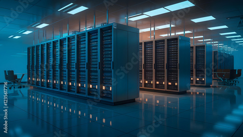 Server Room Enigma: Rows of powerful servers hum in a cool, blue-lit data center, reflecting the power and complexity of modern technology.  The polished floor mirrors the sleek cabinets. photo