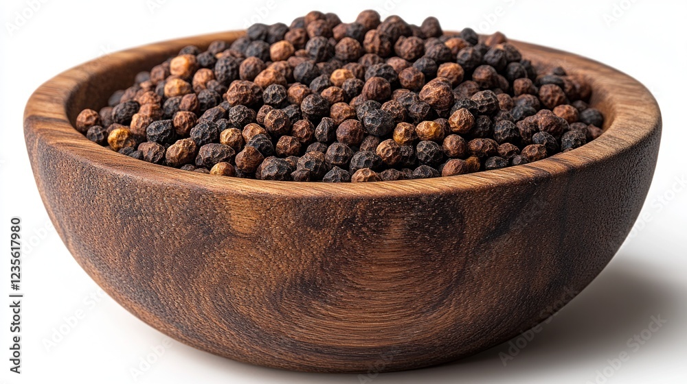 Peppercorns in wooden bowl, white background, cooking ingredient Peppercorns in wooden bowl, white background, cooking ingredient