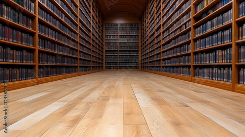 Vast Library Interior with Rows of Books on Wooden Shelves
