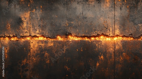 Close up view of a dark metallic surface with a thin line of bright orange and yellow sparks or flames running horizontally across it. The background