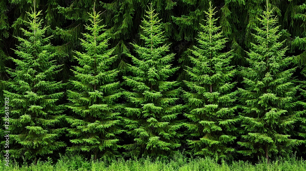 Fototapeta premium Lush Green Evergreen Trees in Rows Against Dark Background