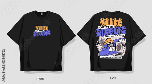 Urban cartoon vector t-shirt design. Front and back t shirt design for print on demand. Graffiti style graphic t-shirt for merch