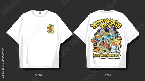 Urban vector t-shirt design. Youth skate fest graphic for clothing design and merchandise. Band and music  illustration for t-shirt design
