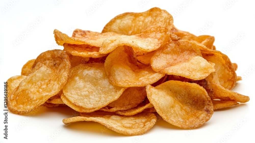 A pile of golden brown potato chips against a white background. The chips are thin, crispy, and slightly irregular in shape. Some appear seasoned A pile of golden brown potato chips against a white background. The chips are thin, crispy, and slightly irregular in shape. Some appear seasoned