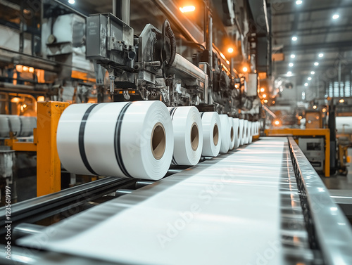 Close-up of printing line in paper and cardboard factory with white roll papers on industrial machine in motion