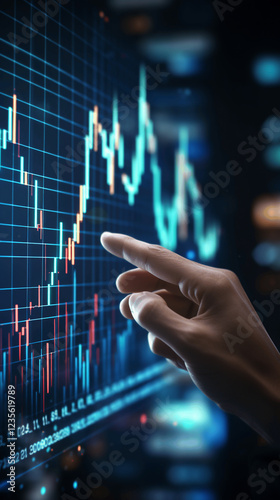 Stock graph and financial chart. Analyze stock market finance volume of stock market with Graph and chart holograph technology. High quality photo. Hand of trader checking stock market data on screen.