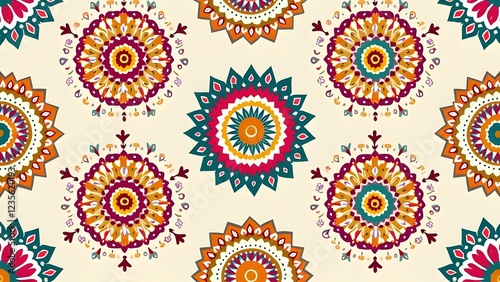 Vibrant Folk Art Pattern with Paisleys and Floral Medallions