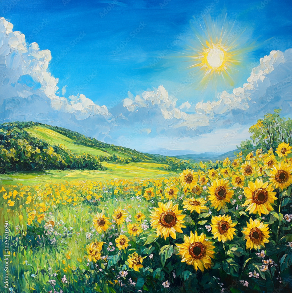 Obraz premium A sunny spring meadow filled with sunflowers and other flowers. Beautiful weather, a bright blue, clear sky with a bright sun above the horizon.