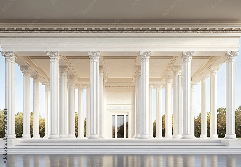 Obraz premium White marble temple with numerous columns, reflecting on a polished floor, set against a backdrop of lush green trees under a bright sky. The