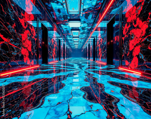 Tessellating quantum marble with superpositional blue and red veins, shifting with viewing angle, ideal for sci-fi lab corridor paradox flooring. photo