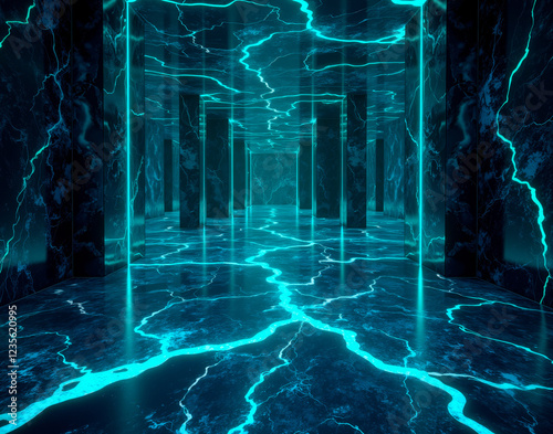 Infinite neon grid marble with glowing cyan veins on charcoal slate, designed for a futuristic Tron Legacy cybercity flooring.