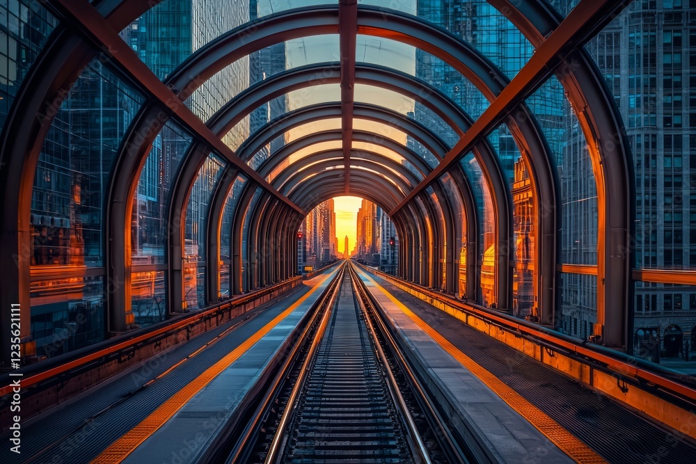 Futuristic light tunnel with train tracks leading into the distance, sunlight streaming through the glass roof, city skyline in the background Futuristic light tunnel with train tracks leading into the distance, sunlight streaming through the glass roof, city skyline in the background