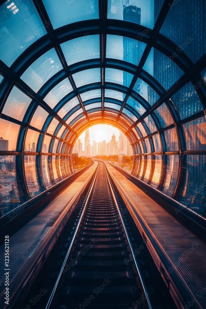 Obraz premium Futuristic light tunnel with train tracks leading into the distance, sunlight streaming through the glass roof, city skyline in the background