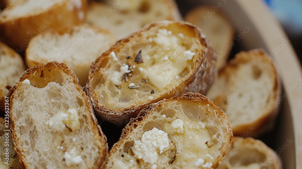 Buttered baguette slices, herbs, party buffet Buttered baguette slices, herbs, party buffet