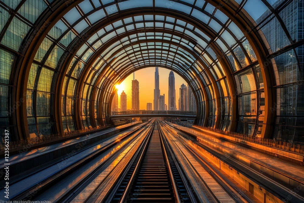 Obraz premium Futuristic light tunnel with train tracks leading into the distance, sunlight streaming through the glass roof, city skyline in the background