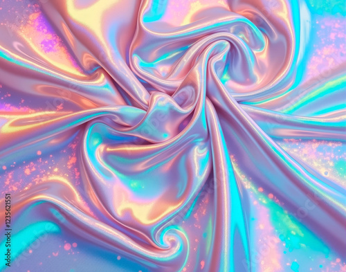 Seamless Holographic Taffeta Marble with iridescent folds mimicking fabric, designed for haute couture fashion textiles, offering a luxurious, sophisticated aesthetic. photo