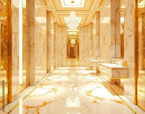 Geometric Calacatta Gold marble tiles in a fractal pattern with mirrored reflections, illuminated by Art Deco interior lighting for a luxurious ambiance. photo